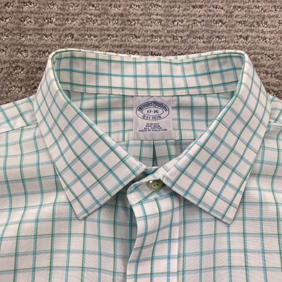 Brooks Brothers Slim Fit Shirt Men 17 - 35 White Green Checkered Polo Non-Iron - Picture 4 of 10